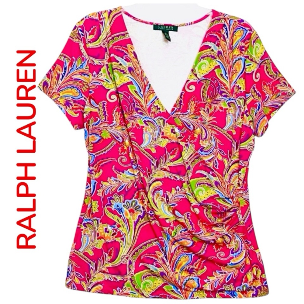 Lauren Ralph Lauren Paisle Top Wrap Short Sleeve Colorful Stretch Top Sz XL